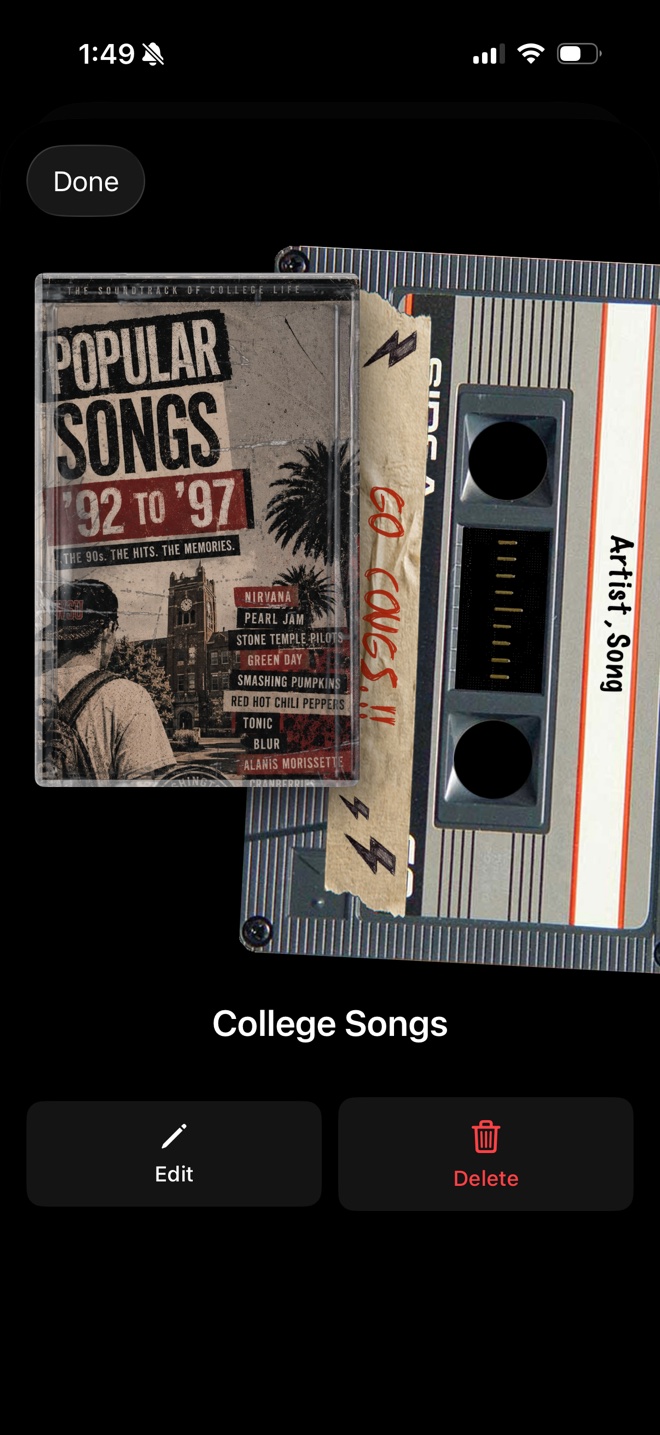 A custom Side A tape called College Songs with a designed jewel-case cover
