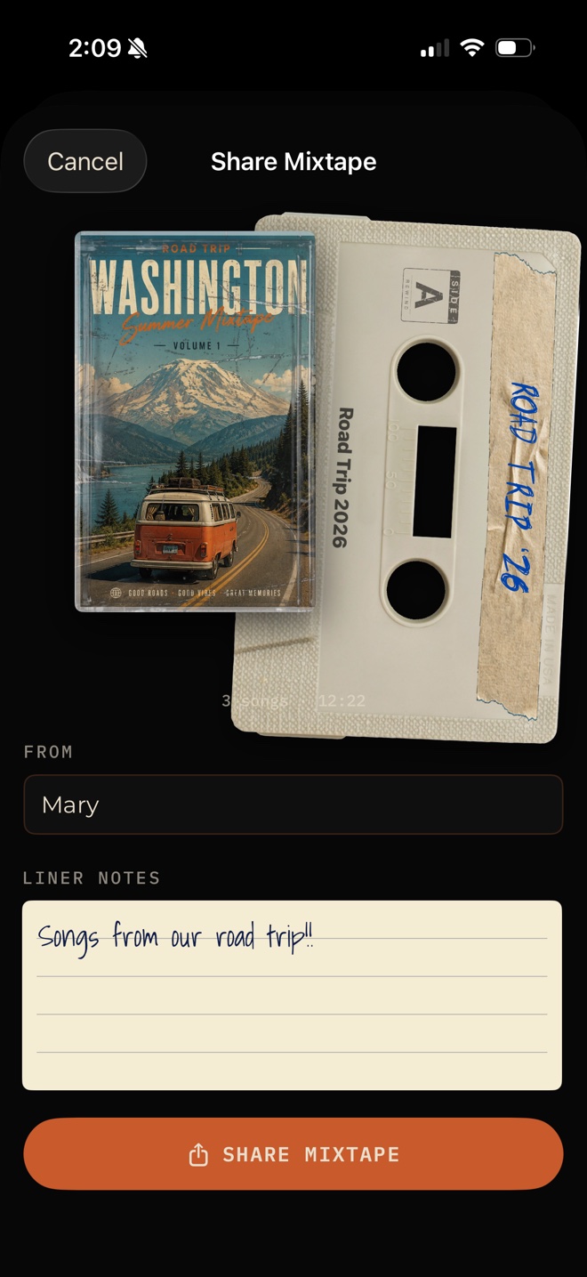 Side A's Share Mixtape screen for a road-trip tape, with a sender name and handwritten liner notes